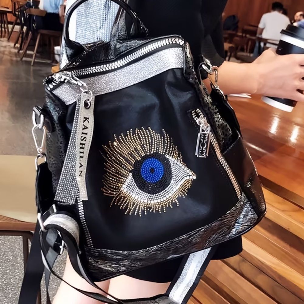 Black Eye-Embellished Women's backpack/shoulder bag - Picture 2 of 15